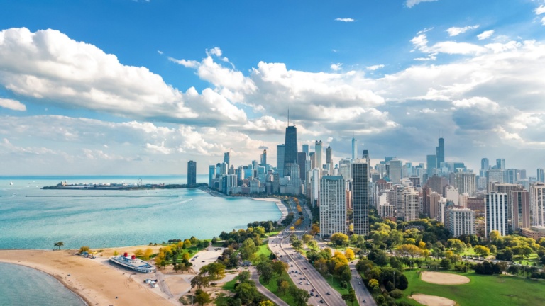 Chicago skyline aerial drone view from above