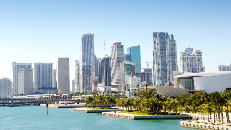 Panoramic view of the downtown Miami skyline, Florida, USA.
